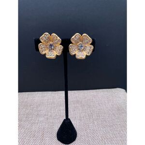 Joan Rivers Hibiscus Clip On Earring Gold Plated Rhinestone Flower Vintage Mint